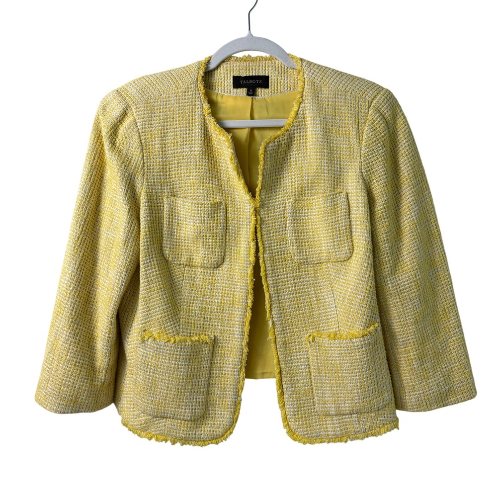 Talbots Tweed Blazer Womens 10 Yellow Frayed Trim Jacket Pockets Preppy Office